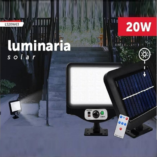 Lampara Solar Panel 20w Equivale 200w Cuadrada Color Negro