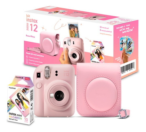 Kit Câmera Instax Mini 12 + 10 Fotos Macaron + Bolsa Rosa