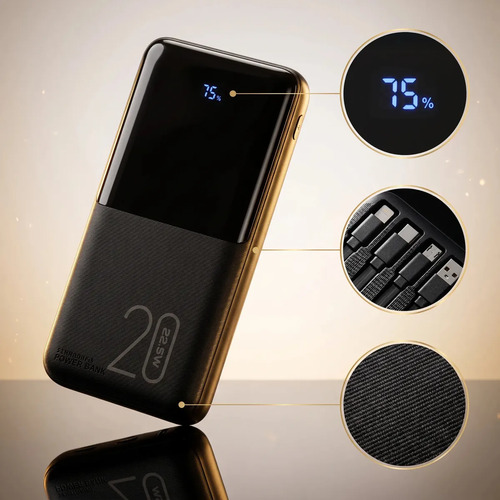 Power Bank 20000mAh Turbo 22,5W Carga Rápida 10V De Saída Com 4 Cabos Integrados Display De Nível De Bateria Alça Para Transporte Lanterna LED Proteção Contra Sobrecarga Carregador Portátil Preto