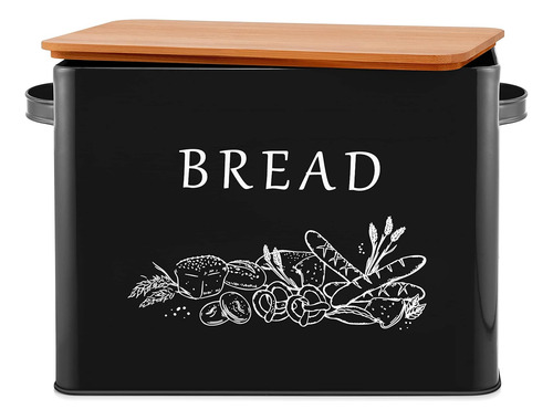 Panera De Metal Con Tapa De Bambú, 34x18x25 Cm, Color Negro