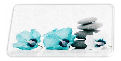 Alfombra Baño Terciopelo Diseño Flor Azul Blanca Color Gris