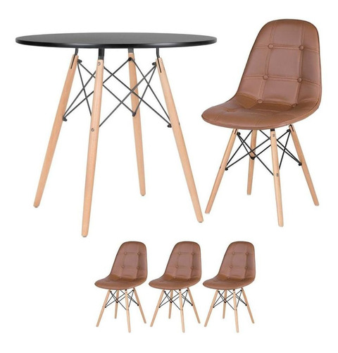 Mesa Jantar Eames Wood 80 Cm 3 Cadeiras Botone Coloridas Cor Mesa Preto Com Cadeiras Marrom