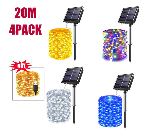 Paquete De 4 Luces Solares 20m 200led Cobr Wire Light Navida