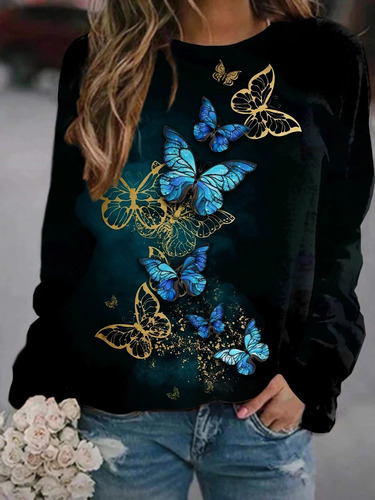 Sudadera De Manga Larga Con Cuello Redondo Y Mariposas Flora