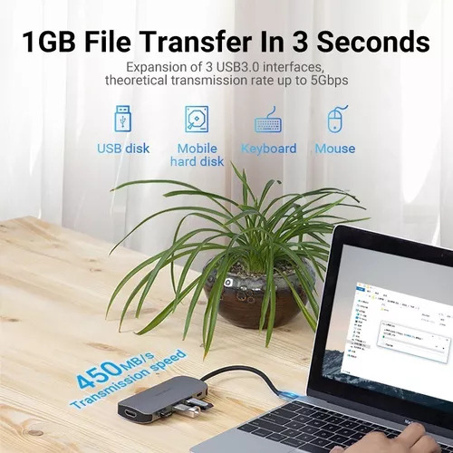 Hub USB Multipuerto Vention 5 en 1 Usb C A HDMI 3 Puertos Usb 3.0 Power delivery USB C 100W 4K 30Hz Carcasa Aluminio 15 CM Premium Para Teclado Disco rigido Mac Laptop THFHB color plateado