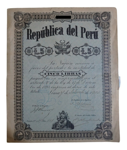 Bono De La República Del Perú 5 Libras Año 1898