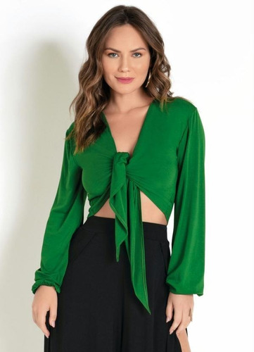 Imagem 2 de 6 de Cropped Blusa Verde Com Amarração Frontal Viscose Elastano