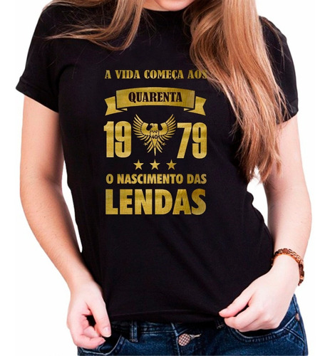 Camiseta Baby Look Preta Nascimento Lendas 40 Anos Dourada