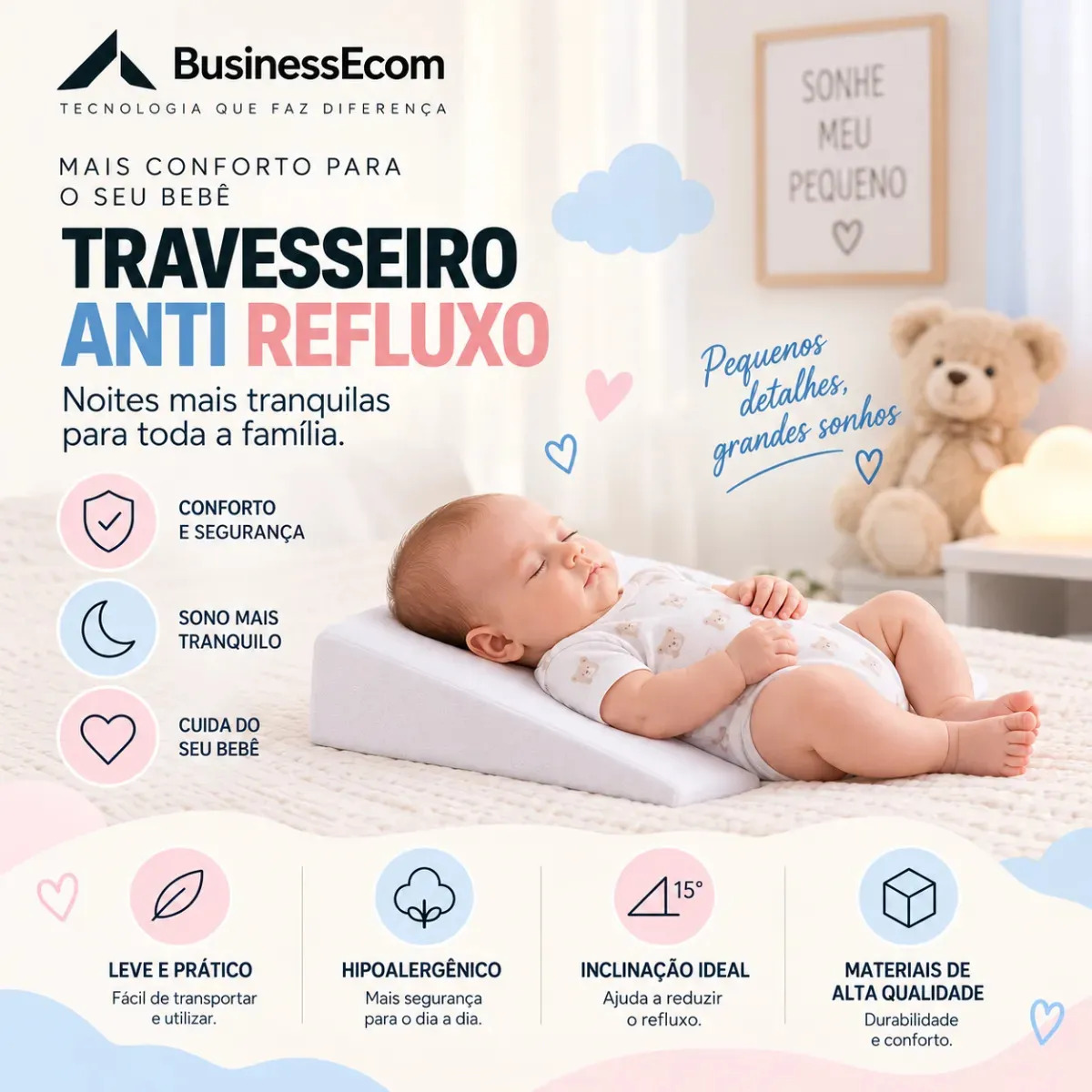 Travesseiro Anti Refluxo Berço Bebê Rampa Cama Grávida Tamanho G BusinessEcom