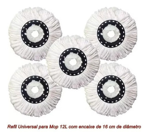 5 Refil Para Mop Giratório 12l Com Encaixe De 16cm Cor Preto