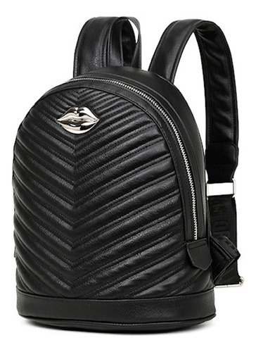 Mochila Mujer Ecocuero Las Oreiro Urbana Mediana Divisiones Color Negro Diseño De La Tela Liso