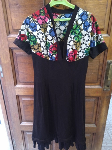 Vestido Negro Canesú Estampado Retro Vintage 