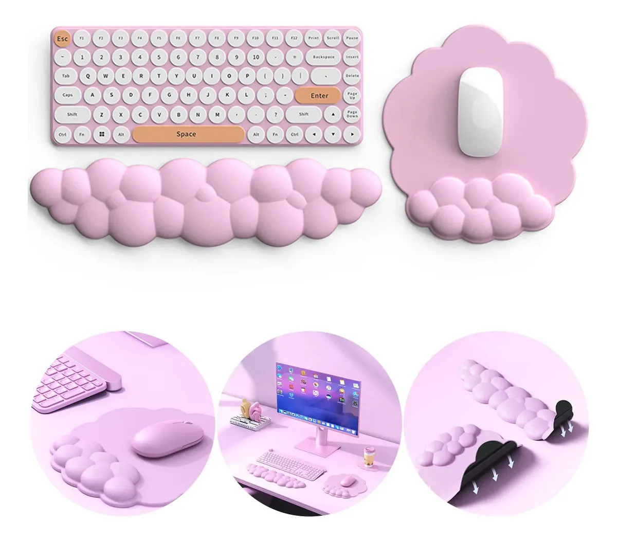 Kit Mousepad + Apoio Ergonômico Punho De Teclado Home Office Rosa Nuvem
