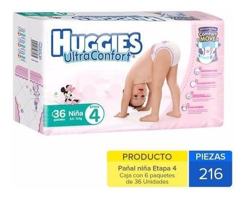 Caja De Pañal Huggies Niña E4 Con 6 Paquetes (216 Pzas)