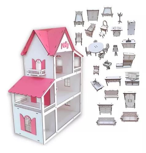 Kit Casa Barbie Com Moveis Completo Pintada 1,2 M Altura P-b