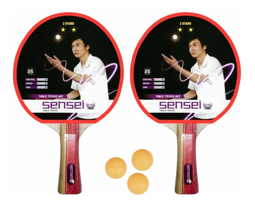 Set Ping Pong Sensei® 2 Paletas + 3 Pelotas - 2* Goma Lisa Color Rojo Tipo de mango FL (Cóncavo)