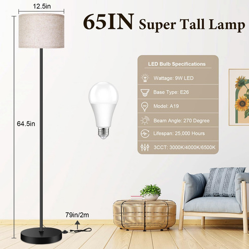 Lámpara De Pie Moderna 165 Cm Con Bombilla Led Y Pantalla Ta Color De La Pantalla Color De La Estructura