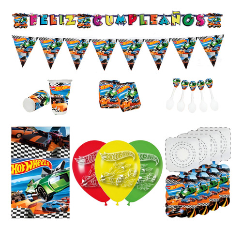 Kit Infantil Decoración Fiesta - Hot Wheels X24 Invitados