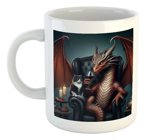 Taza Ceramica Dragon Tomando Vino Gato Sillon Alas