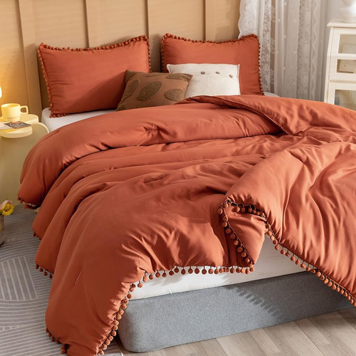 Yirddeo Terracotta Comforter Queen Set 3pcs Boho Ball Pom Po