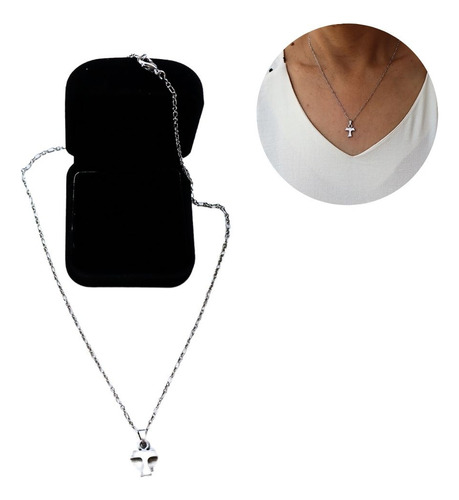 Colar Prateado Com Medalha Tau Franciscano Mini Em Prata Cor Preto