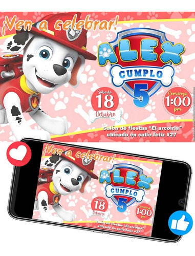 Invitación Marshall Paw Patrol Patrulla De Cachorros Fiesta