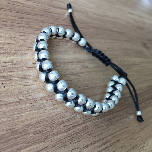 Imagen 5 de 10 de Pulsera Plata 925 Hombre Tejida Hilo Y Bolita De 6mm Agálea
