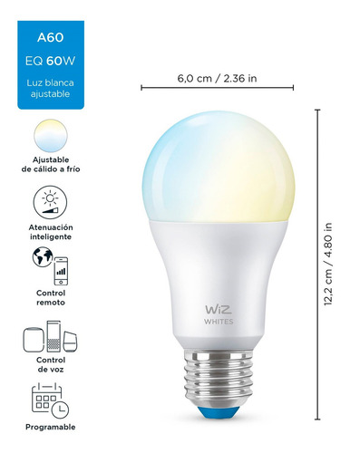 Imagen 3 de 6 de Ampolleta Led Inteligente Wiz Luz Fria & Calida 9w E27 Wifi
