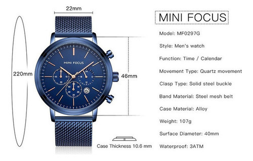 Reloj Mini Focus Casual Chronograph de acero inoxidable con correa de color azul