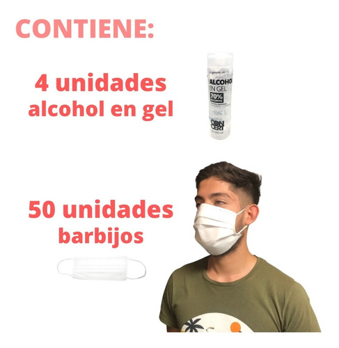 Imagen 2 de 10 de Combo Barbijo Descartables X50 Tapaboca + Alcohol Gel Pack