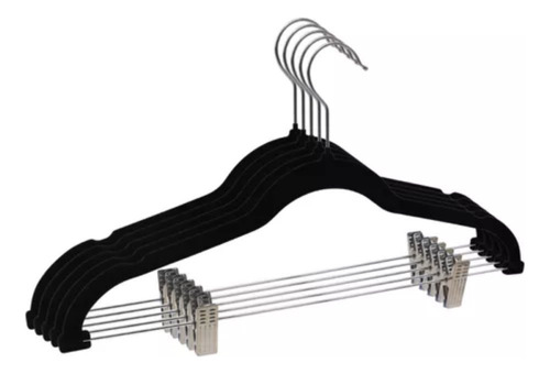 Kit 05 Unidades Cabide Slim Veludo Preto Com 10 Presilhas