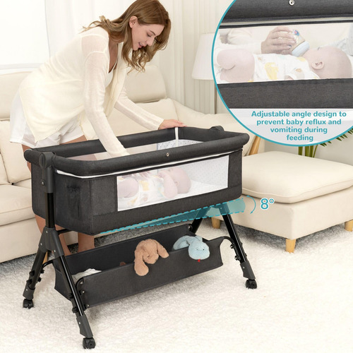 Baby Bassinet Bedside Sleeper 3-in-1 W/ Wheels & Storage Gre