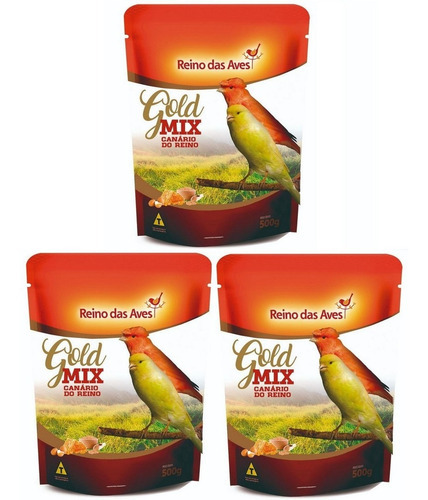 Kit 3un Ração Gold Mix Premium Canário 500g Reino Das Aves