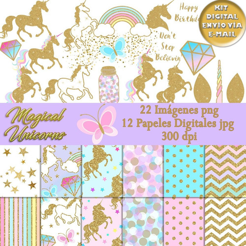 Kit Magical Unicorns Imágenes Png Fondos Digitales Glitter 