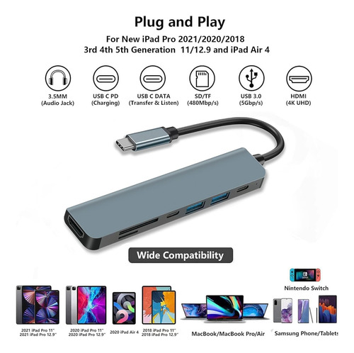 Adaptador Hub Type C 7 En 1 Usb 3.0 Hdmi 4k Multipuerto Usb