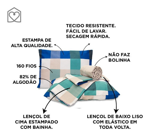 Lençol Casal 4 Peças Algodão -pl Coloridas Desenho Do Tecido 24 - Xadrez Aqua