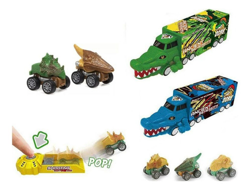 Camión Con Lanzador De Vehículo Autos Dinosaurios A Fricción Camion Con Dinos Azul