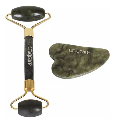 Rolo Pedra De Jade+placa Gua Sha Massagem Facial Anti Rugas