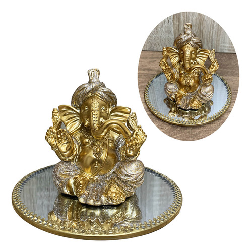 Kit Ganesha Hindu Deus Sorte Sabedoria Resina + Bandeja Luxo