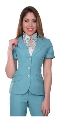 Traje Saco Y Pantal n Azul Turqueza 4704 Mujer Manga Corta