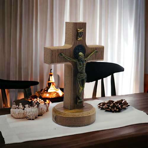 Crucifixo Cruz Mesa Parede Medalha São Bento Madeira 12cm