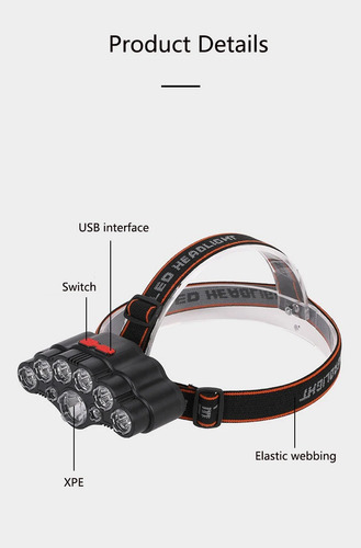 Linterna Frontal Led Recargable, 9 Leds, Alcance De 500m, Linterna Negro Luz Blanco