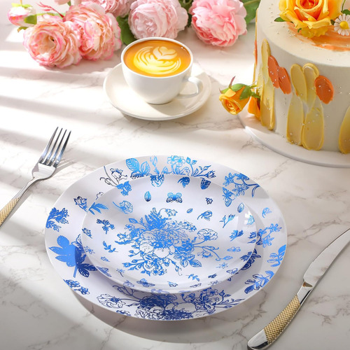 Mifoci Juego De 100 Platos De Plástico Florales Azules Y Bla