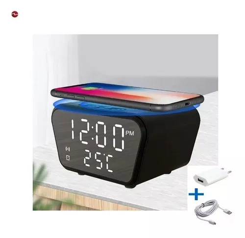 Reloj Despertador Con Cargador Inalámbrico Fecha Temperatura Color Negro  220V