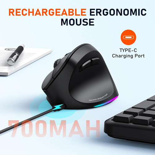 Mouse Ergonomico Meetion, Inalambrico, Rgb, Recargable