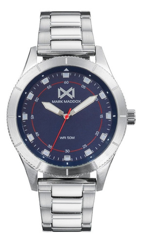 Reloj Mark Maddox Hombre Coleccion De Lujo Hm7131-36 Correa Plateado Bisel Plateado Fondo Azul