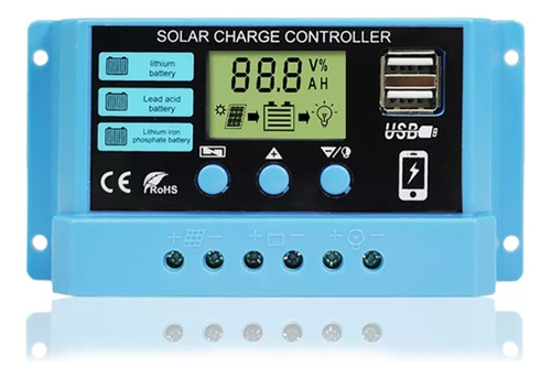 Controlador De Carga Solar Pwm 30a 12/24v Visor Lcd Com Usb