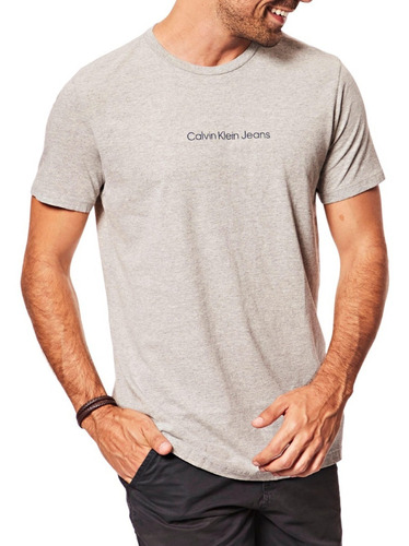 Camiseta Masculina Logo Central Cinza Calvin Klein