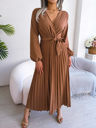 Elegante Vestido Plisado Con Cuello En V Cruzado For Mujer