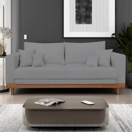 Sofá Living 3 Lugares Linho Resistente Madeira + Almofadas